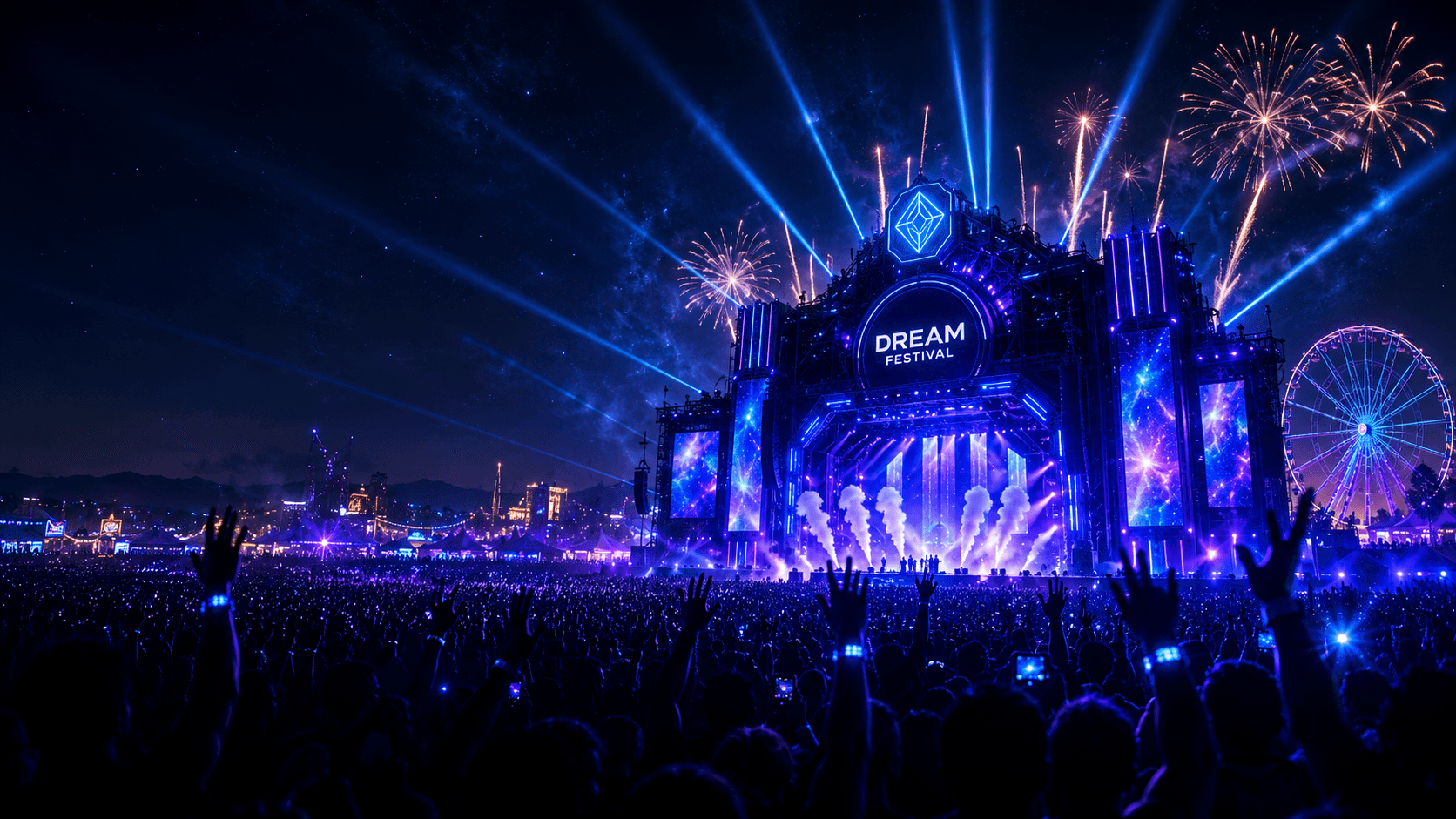 Dream Festival main stage at night, lit up with blue lasers and fireworks over a crowd
