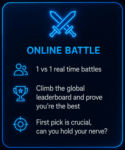 Online Battle mode: 1v1 real-time battles, climb the global leaderboard, first pick is crucial
